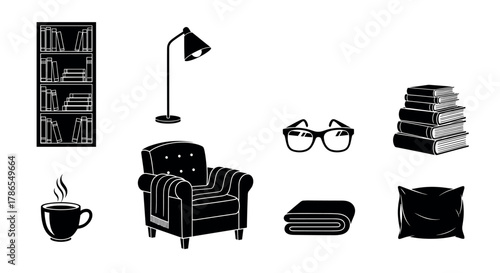 Black silhouette icons of a bookshelf, floor lamp, armchair, coffee cup, glasses, stack of books, folded blanket, and cushion for a cozy reading room setup.