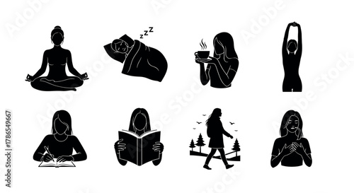 Eight black silhouette icons depicting various daily routines of a female: meditating, sleeping, drinking coffee, stretching, reading, walking, and self-care practices.
