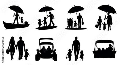 Silhouette collection depicting families engaged in various activities, including walking with umbrellas, boating, and driving, highlighting diverse family dynamics.