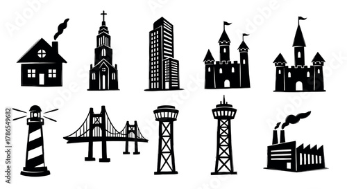 Black silhouette icons depicting various architectural structures including a house, church, skyscraper, castle, lighthouse, bridge, tower, and factory.