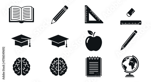 Black and white icons depicting various educational tools including a book, pencil, triangle ruler, eraser, ruler, graduation caps, apple, brains, notepad, and globe.
