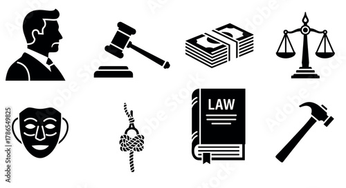 Black silhouette icons depicting legal and justice symbols, including a judge with a gavel, scales of justice, law book, and related justice elements.