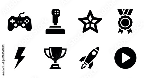Set of eight black gaming and achievement icons including a controller, joystick, star, medal, lightning bolt, trophy, rocket, and play button.
