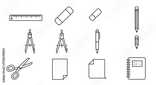 Black outline icons of school and office supplies including a ruler, erasers, compass, pen, pencil, scissors, and paper.