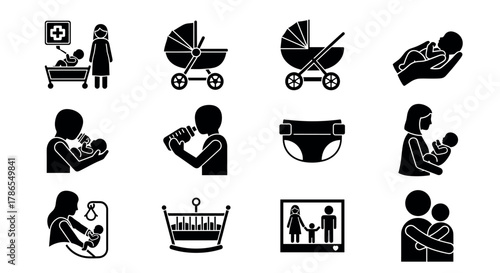 Black silhouette icons depicting various activities and equipment for baby care, including feeding, stroller use, diapering, and parent-baby bonding.