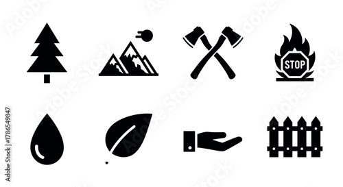 Set of eight black silhouette icons featuring camping and nature themes, including a tree, mountains, crossed axes, flame, water drop, leaf, hand, and fence.
