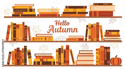 Cozy autumn scene with stacks of books on wooden shelves and a small pumpkin decoration