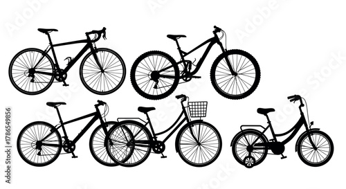 Black silhouettes of various bicycle types, including road, mountain, tandem, cruiser, and kids bikes, depicted in different styles and designs.