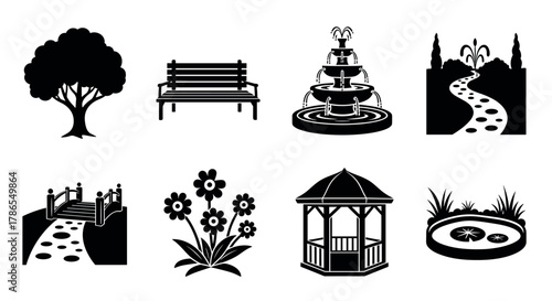 Set of black silhouette icons depicting a tree, park bench, fountain, path, bridge, flowers, gazebo, and pond for garden design concepts.