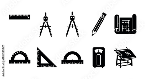 Black icons of various drawing and drafting tools including rulers, compasses, pencil, protractor, blueprint, and drafting table.