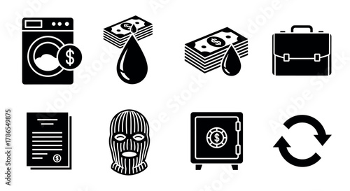 Black and white icons representing money laundering, including washing machine, stacks of cash, briefcase, contract, masked figure, safe, and recycling symbol.