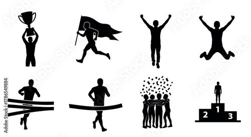 Black silhouette icons depicting athletes celebrating victory, including a trophy lift, flag run, cheering poses, and a group huddle on a podium stage.