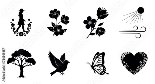 Eight black silhouette icons including a woman in hat, floral motifs, sun and wind, majestic tree, flying bird, butterfly, and a heart design.
