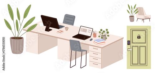 Work desks with laptops, books, plants, chair, nearby armchair and door with electronic lock. Ideal for productivity, teamwork, creativity, security organization professional space simple landing