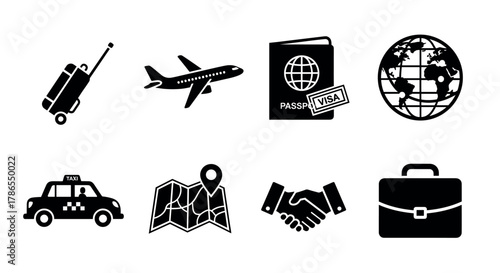 Black silhouette icons of travel elements including a suitcase, airplane, passport with visa, globe, taxi, map, handshake, and briefcase.