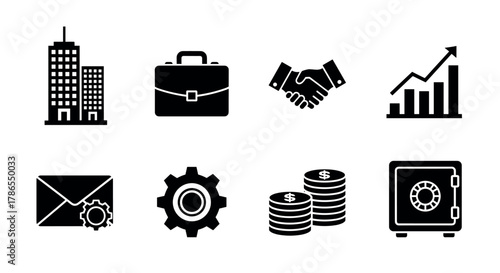 Black icons representing business themes including buildings, briefcase, handshake, growth chart, envelope with gear, gear, stacked coins, and secure safe.