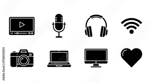Set of black electronic device icons including a microphone, headphones, video player, camera, laptop, desktop monitor, wi-fi, and heart symbol.