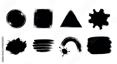 Set of eight black ink brush shapes including a circle, square, triangle, and various splatter forms showcasing diverse artistic brushstroke styles.