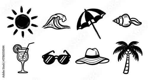 Black outline icons depicting a sun, ocean wave, beach umbrella, seashell, cocktail drink, sunglasses, hat, and palm tree, representing summer and beach themes.