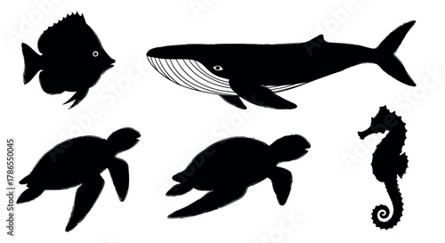 Silhouettes of marine creatures including a fish, whale, two turtles, and a seahorse, showcasing diverse aquatic life forms.