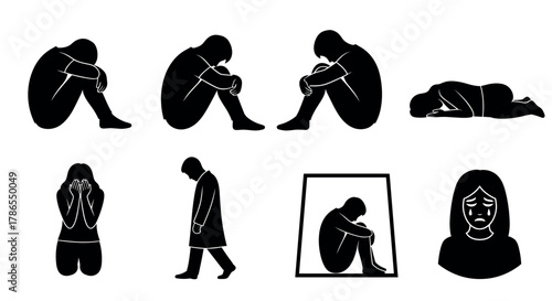 Black silhouette icons depicting individuals in various poses expressing sadness and despair, illustrating themes of depression and emotional distress.