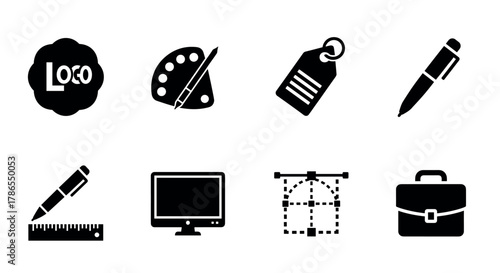 Set of eight black icons depicting creative and office tools including a logo, paint palette, tag, pen, ruler, monitor, vector tool, and briefcase.