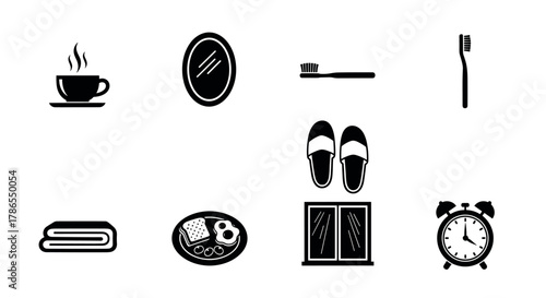 Black icons representing a cup of hot coffee, oval mirror, toothbrush, slippers, folded towel, breakfast plate, window, and an alarm clock on a white background.