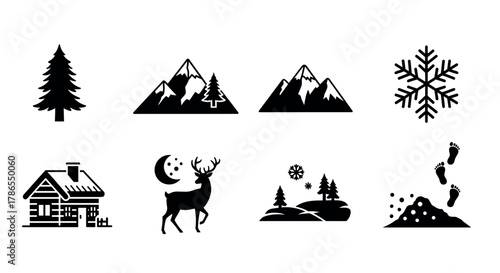Black silhouette icons of winter and outdoor elements including mountains, a cabin, a deer, snowflakes, and a pine tree.