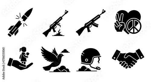 Black silhouette icons representing a rocket missile, different rifles, peace symbols, a child in a hand, a dove, a soldier's helmet, and a handshake.