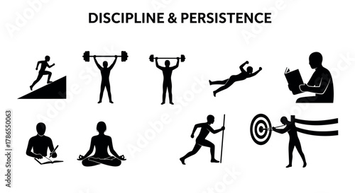 Various black silhouette icons illustrate activities related to discipline and persistence, including weightlifting, running, and meditation.