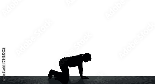 Silhouette of a caucasian female adult on hands and knees on a flat surface, centered in a minimalist composition.