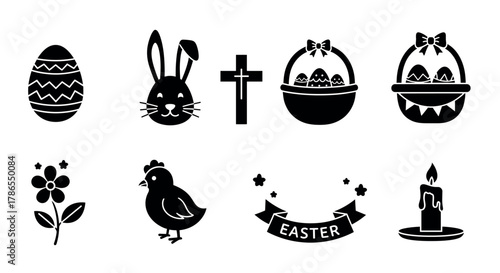 Collection of black easter-themed silhouette icons including an egg, bunny face, cross, baskets, flower, chick, banner with stars, and a burning candle.