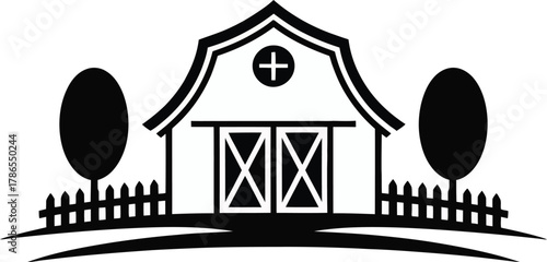 Traditional farm barn with fence and two trees, simple silhouette graphic design