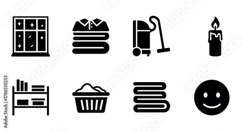 Set of eight black solid icons representing various household items including a window, folded clothes, vacuum cleaner, candle, bookshelf, laundry basket, folded towels, and a smiley face.