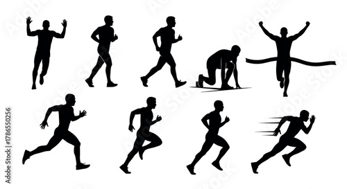 Silhouettes of male athletes in various running and sprinting poses, including starting, jogging, and crossing the finish line.
