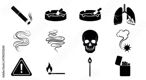 Black and white graphic icons depicting smoking-related items including a cigarette, ashtrays, lungs, smoke patterns, a skull, a match, and a lighter.