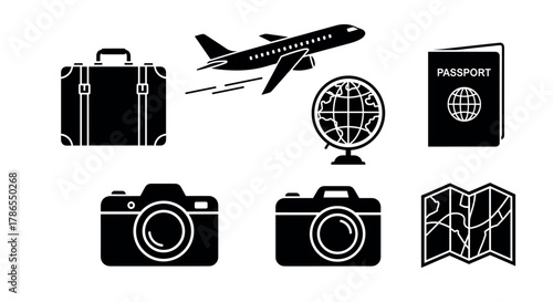 Black silhouette icons of travel items including a suitcase, airplane, globe, passport, cameras, and a map in a minimal design.