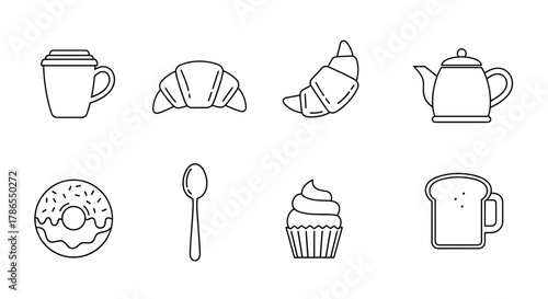 Black outline icons of various breakfast items, including a steaming coffee cup, croissant, teapot, donut, spoon, cupcake, and slice of bread.