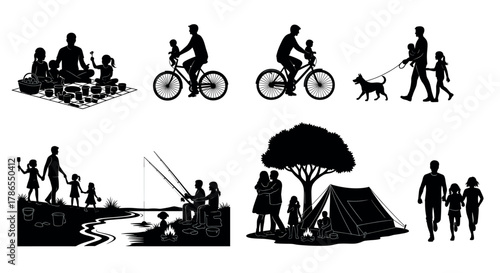 Silhouettes of families engaging in various outdoor activities, including picnicking, cycling, walking a dog, fishing, camping, and strolling.