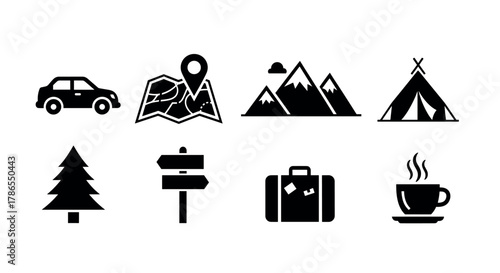 Black outline icons of a car, map with a location marker, mountains, tent, tree, signpost, suitcase, and steaming coffee mug, representing travel and adventure themes.