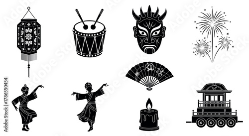 Black silhouette icons of various festival elements including a lantern, drum, traditional mask, fireworks, dancers, fan, candle, and parade float.
