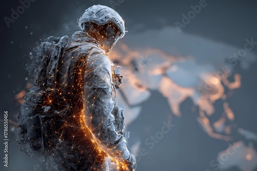 Soldier in futuristic armor stands against a glowing world map background, blending technology and humanity
