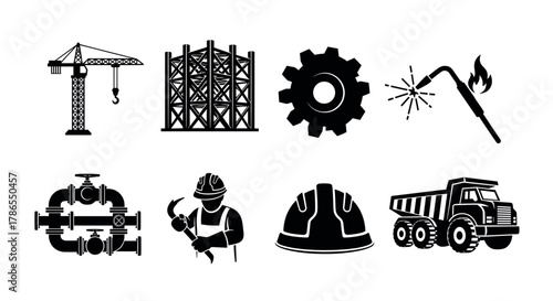 Black silhouette icons of construction elements including a crane, steel framework, gear, welding torch, pipeline, worker, hard hat, and dump truck.