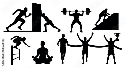 Silhouettes of athletic figures engaged in various physical activities, including running, weightlifting, climbing, yoga, hurdling, and celebrating with a trophy.