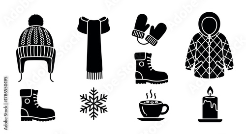Black silhouette icons of winter clothing and accessories including a knitted hat with pom-pom, scarf, mittens, boots, quilted jacket, snowflake, hot beverage, and a candle.