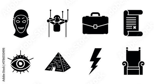 Set of eight black icons including a masked face, marionette puppet, briefcase, scroll, eye, pyramid, lightning bolt, and throne, each with a distinct symbolic design.