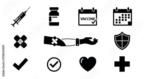 Black and white icons depicting various healthcare elements including a syringe, vaccine bottle, calendar, bandage, and shield.