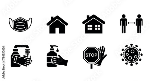 Black icon set illustrating essential covid-19 safety measures, including mask-wearing, social distancing, handwashing, hand sanitizing, and virus symbol.