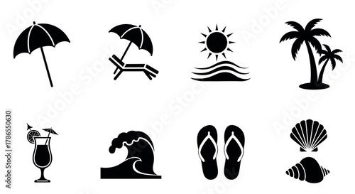 Black silhouette icons of beach elements including umbrellas, deck chair, sun over waves, palm trees, cocktail, ocean wave, flip-flops, and seashells.