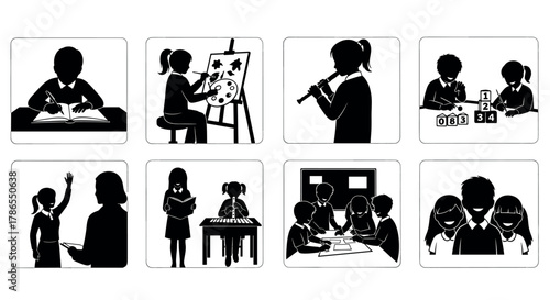 Silhouettes of children engaged in various educational activities including writing, painting, playing music, and collaborating in group learning.